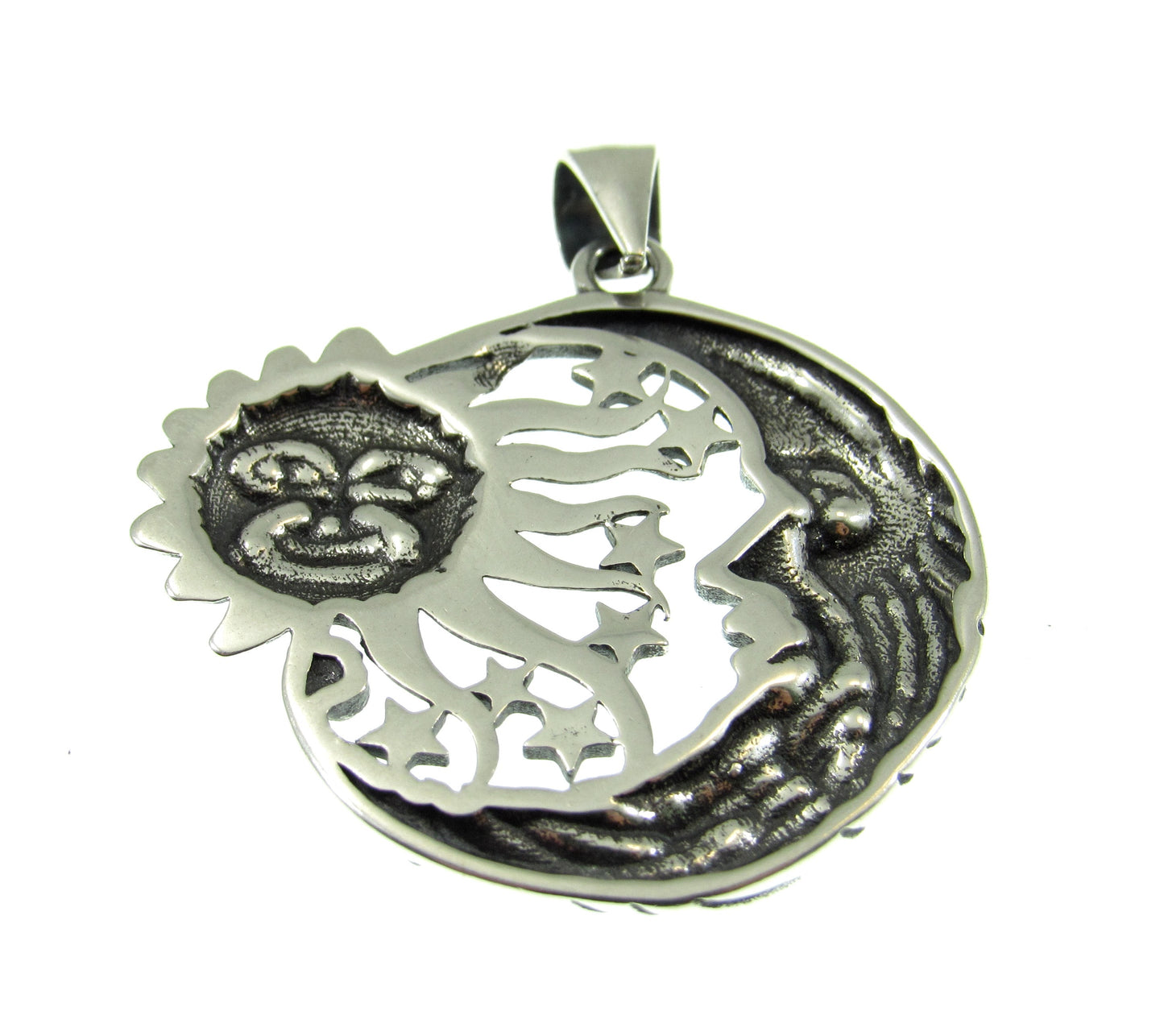 Solid 925 Sterling Silver Sun & Moon Pendant with Stars – Handcrafted Celestial Jewelry – Astrology Charm – Cosmic Sun Face Necklace Pendant