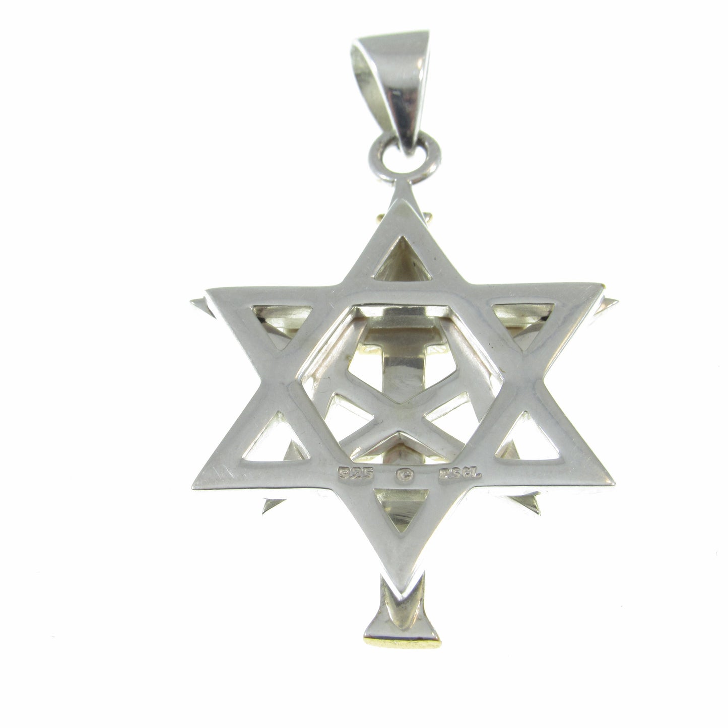 Solid 925 Sterling Silver & 14k Gold Accent Intertwined Christian Cross on Jewish Star of David Pendant, Hebrew Symbol, Religious Jewelry