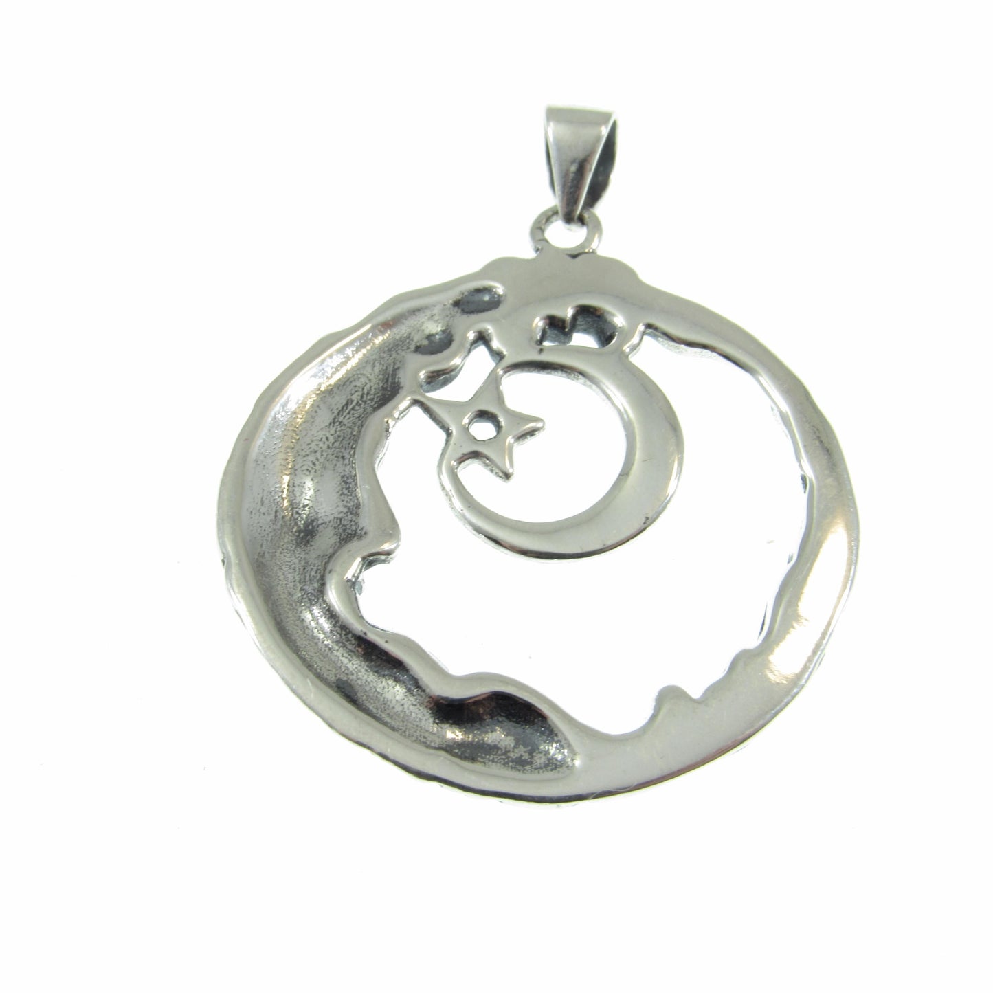 Solid 925 Sterling Silver Wiccan Crescent Moon Face and Star Pendant, Cosmic Celestial Amulet, Pagan Moon Jewelry, Witchy Witch Gift Idea