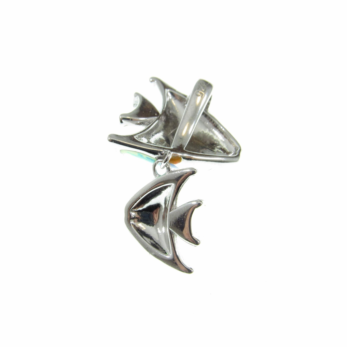 Solid 925 Sterling Silver & Enamel Fish Pendant, Blue and Orange Fishes Slide Charm, Handcrafted Women's Ornate Art Deco Jewelry for Her