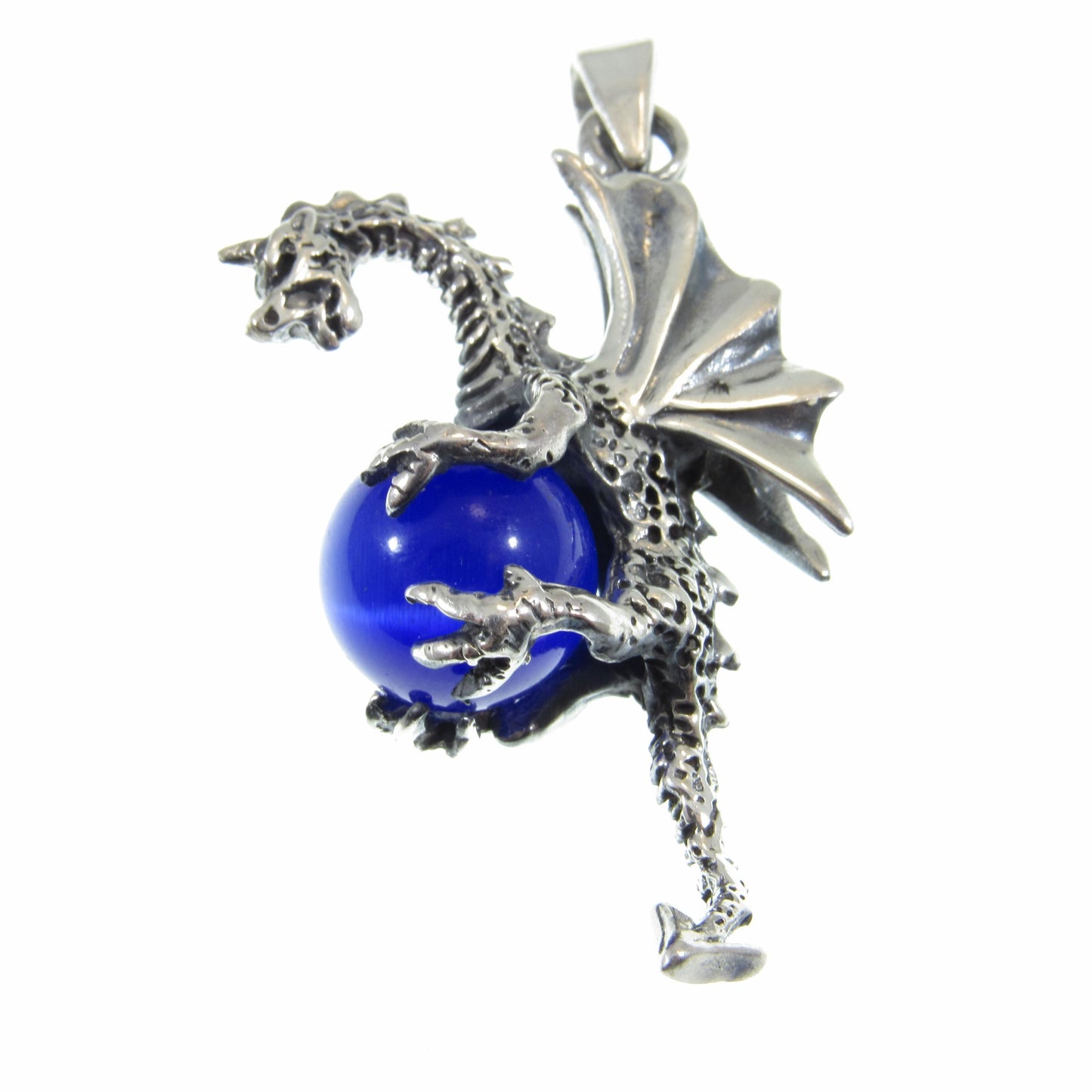 Solid 925 Sterling Silver Large 3D Dragon Pendant, Bright Blue Cat's Eye Quartz Gemstone Sphere, Handcrafted Fantasy and Fairytale Jewelry
