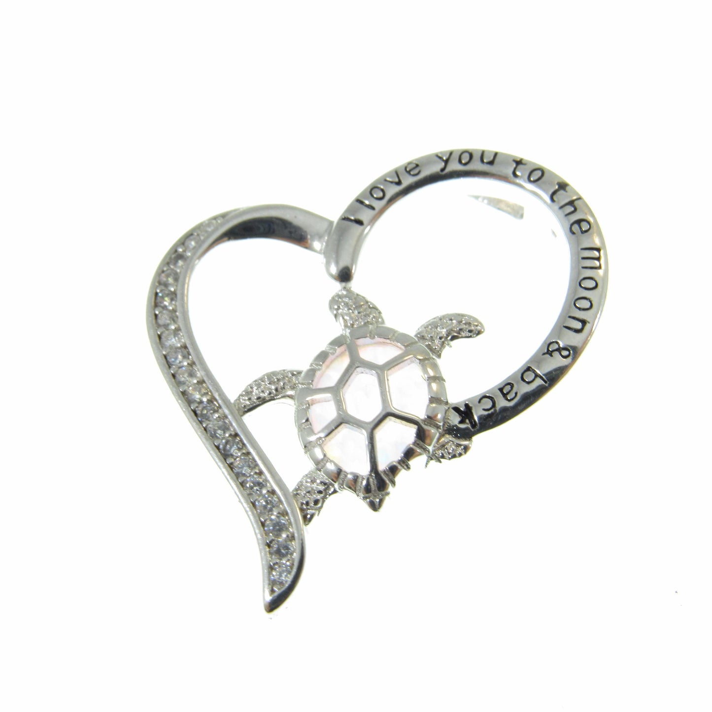 Solid 925 Sterling Silver and Blue or White Opal Turtle Heart Pendant, Engraved "I Love You to the Moon and Back" Handcrafted Jewelry