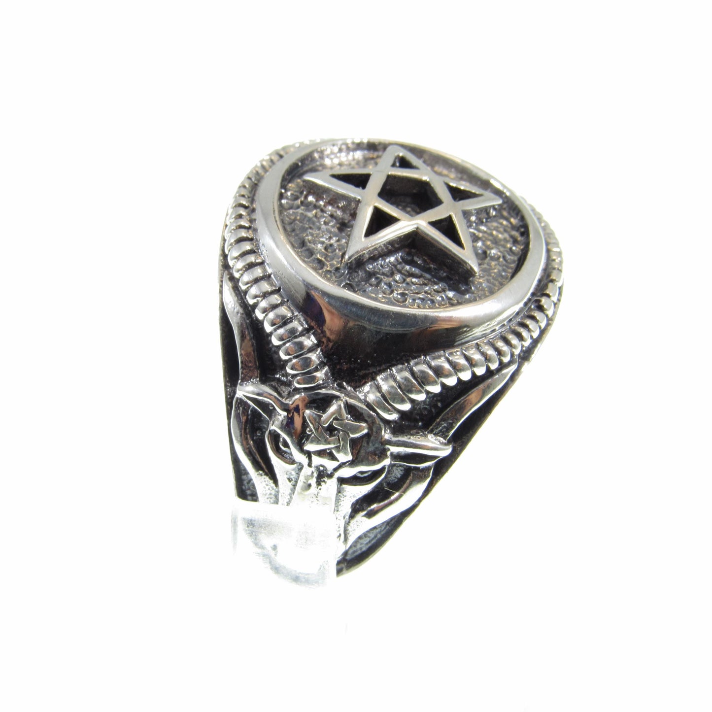 Solid 925 Sterling Silver Men's Pentagram and Baphomet Ring, Handcrafted Signet Pendant on Nylon Cord, Unique Alternative & Edgy Jewelry