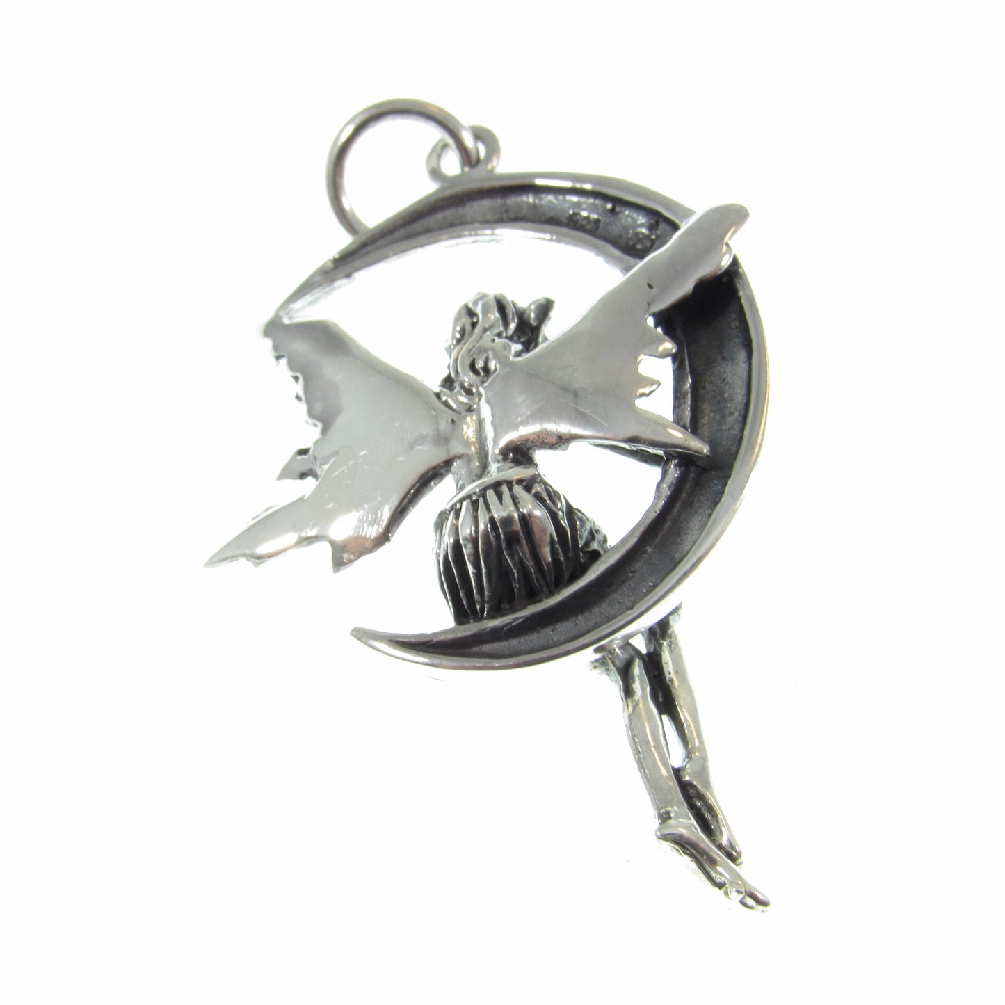 Solid 925 Sterling Silver Fairy on Crescent Moon Pendant, Magic Celestial Faerie Amulet