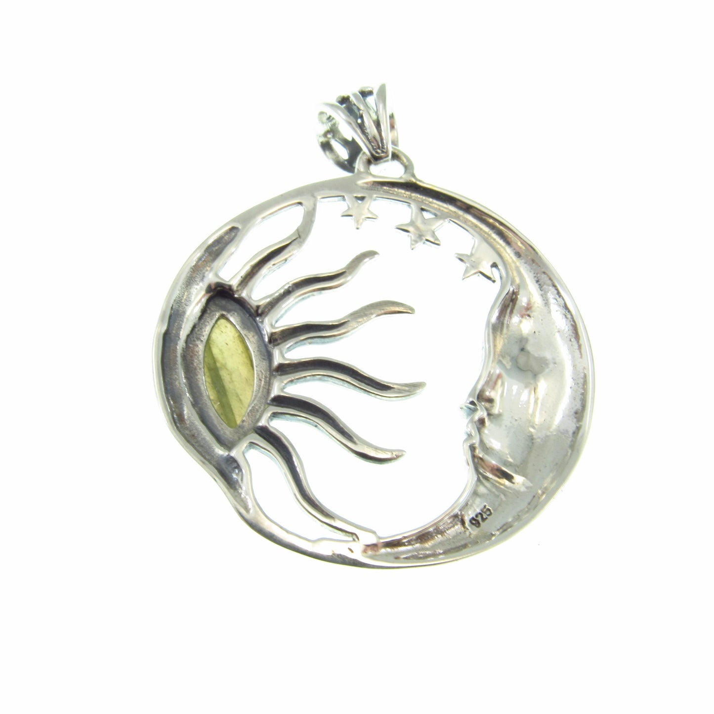 Solid 925 Sterling Silver Sun and Moon Pendant – Labradorite or Rainbow Moonstone Necklace Amulet