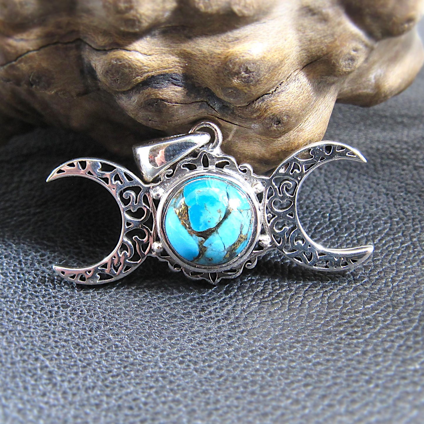 Solid 925 Sterling Silver Triple Moon Goddess Pendant - Handcrafted Wiccan & Pagan Jewelry – Celestial Symbols Amulet - Choice of Gemstone