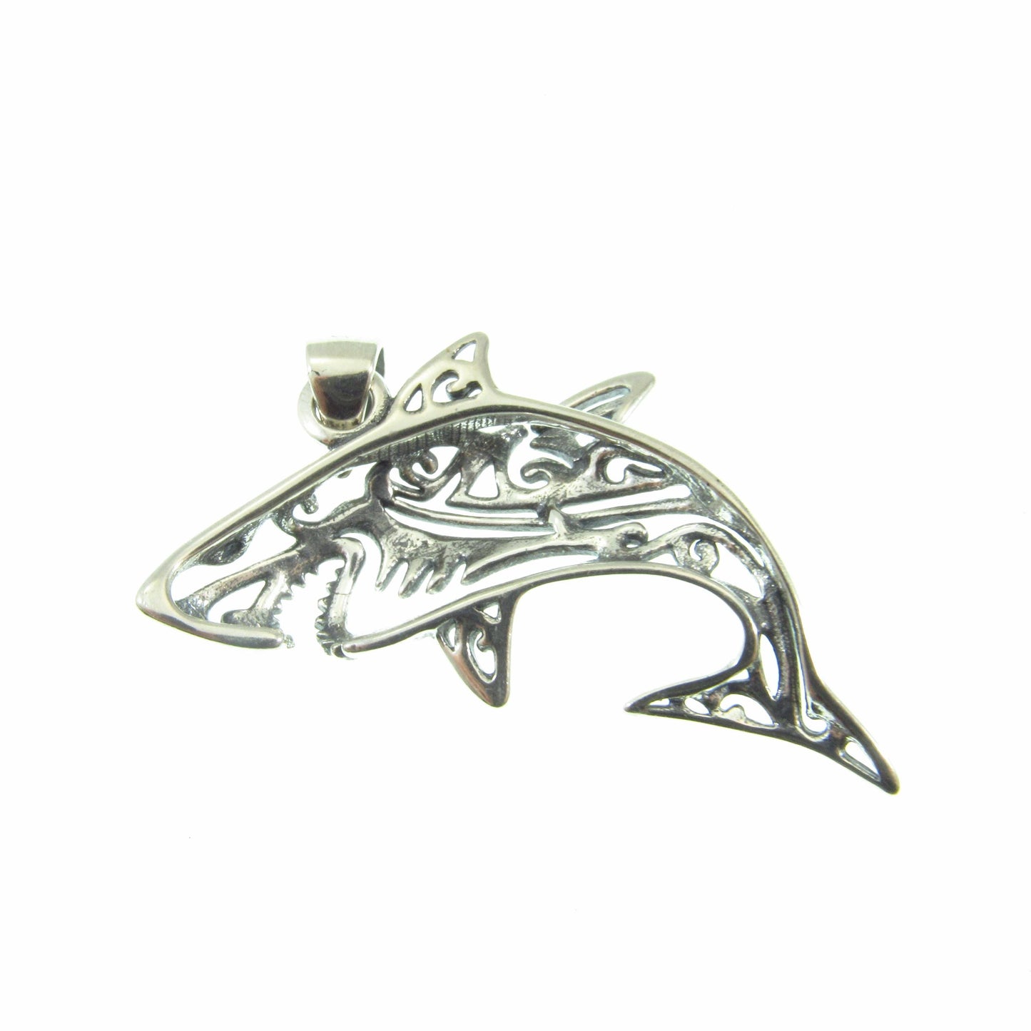 Solid 925 Sterling Silver Shark Pendant – Tribal Style Ocean Necklace Charm – Gift for Surfer