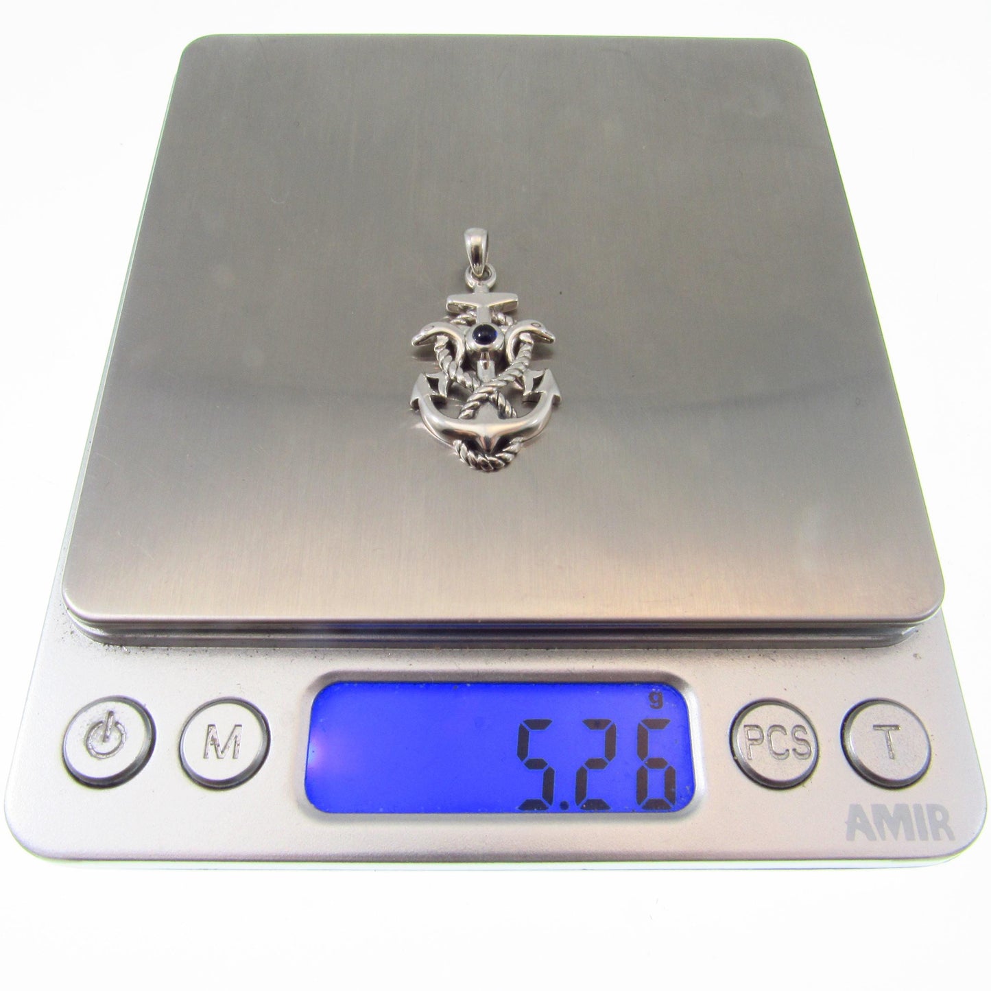 Solid 925 Sterling Silver Anchor Pendant with Dolphins and Created Sapphire – Nautical Sea Life Jewelry - Maritime Gift for Men or Women