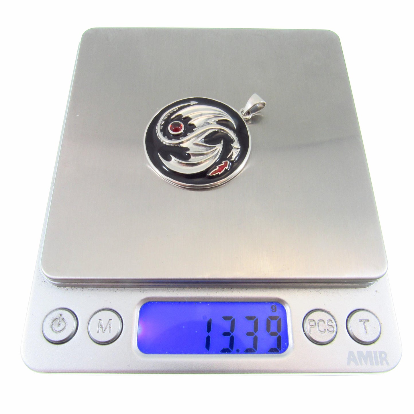 Solid 925 Sterling Silver Yin Yang Dragon Pendant with Red Garnet Gemstone, Gothic and Fantasy Jewelry, Dragoncore Medallion Gift for Him