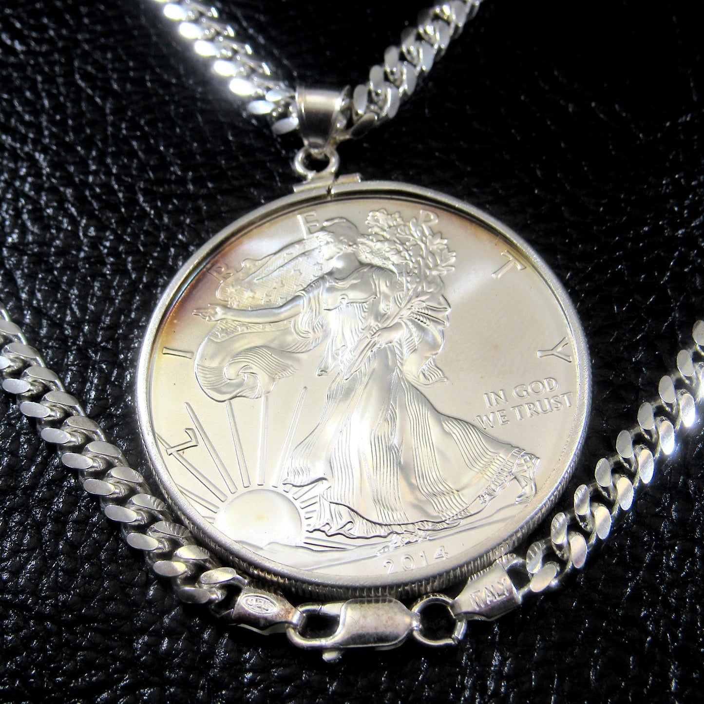 American Silver Eagle Pendant – 2014 BU Brilliant Uncirculated ASE Silver Dollar – Solid .999 Walking Liberty Coin Necklace, Made in USA