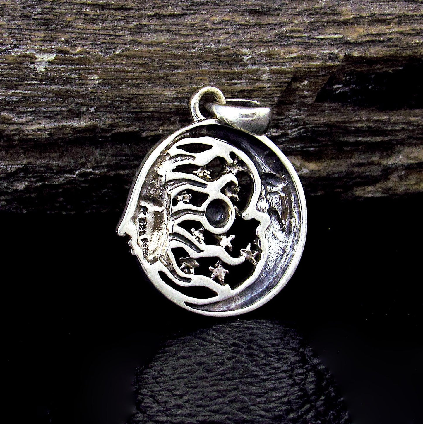 Solid 925 Sterling Silver Moon Faces & Stars Pendant with Saturn Planet - Cosmic Jewelry Amulet