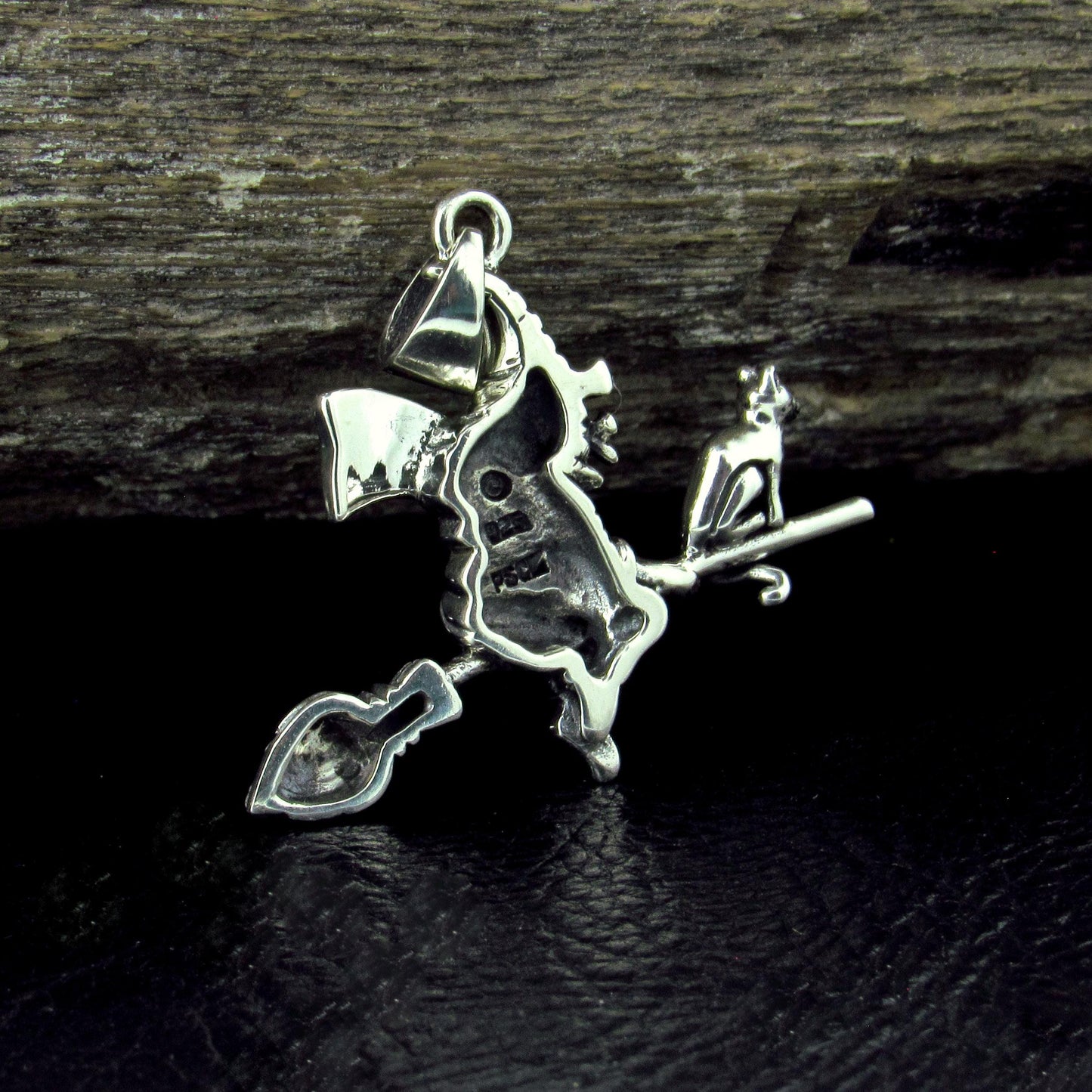 Solid 925 Sterling Silver Flying Witch on Broom with Cat Familiar Pendant, Gothic Jewelry