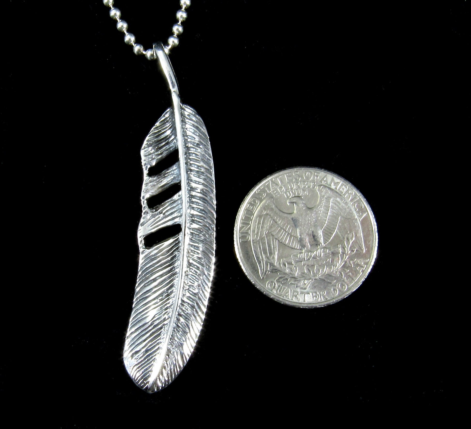 Large Handcrafted Solid 925 Sterling Silver Eagle Feather Slide Pendant