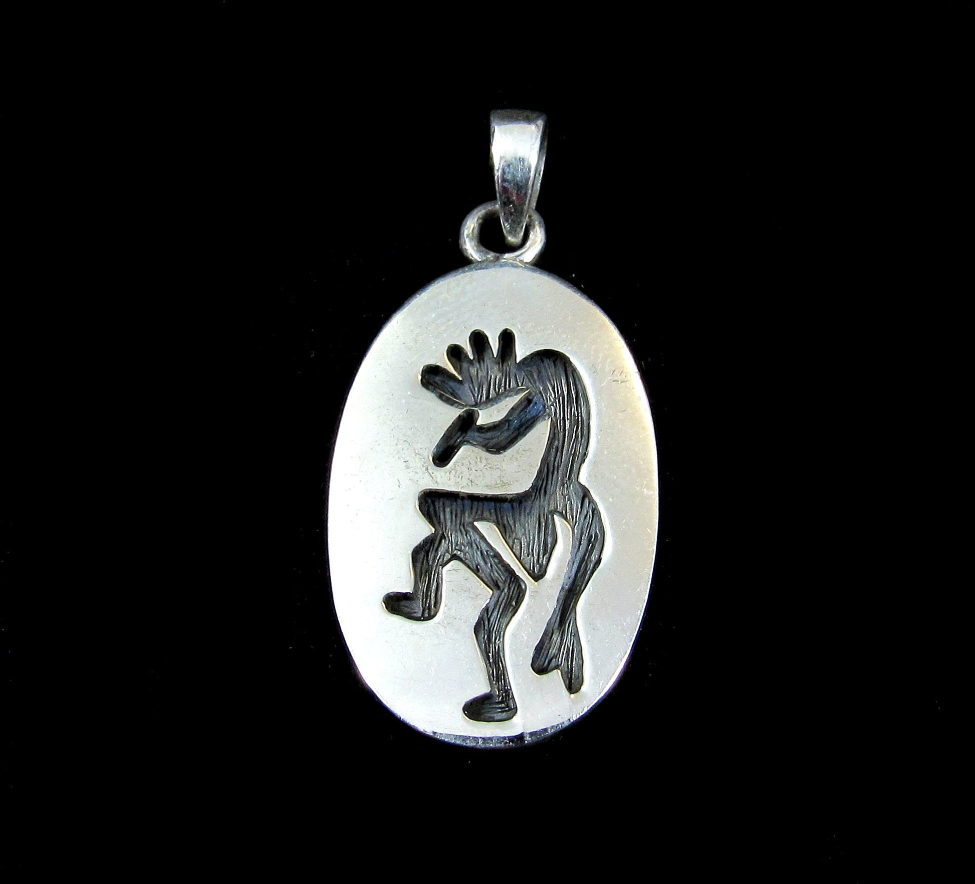Handcrafted Solid 925 Sterling Silver Kokopelli Magical Mirth Oval Pendant Medallion, Southwestern Jewelry