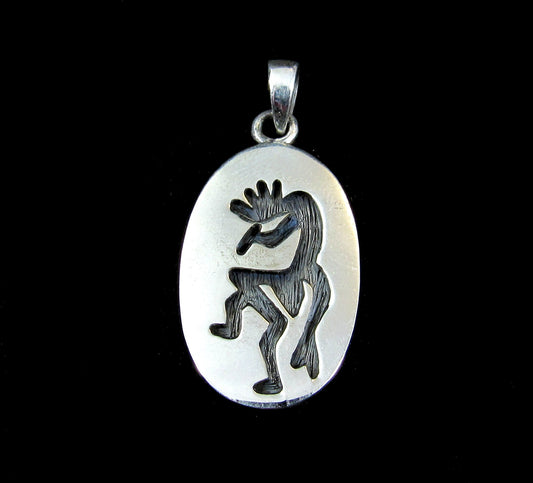 Handcrafted Solid 925 Sterling Silver Kokopelli Magical Mirth Oval Pendant Medallion, Southwestern Jewelry