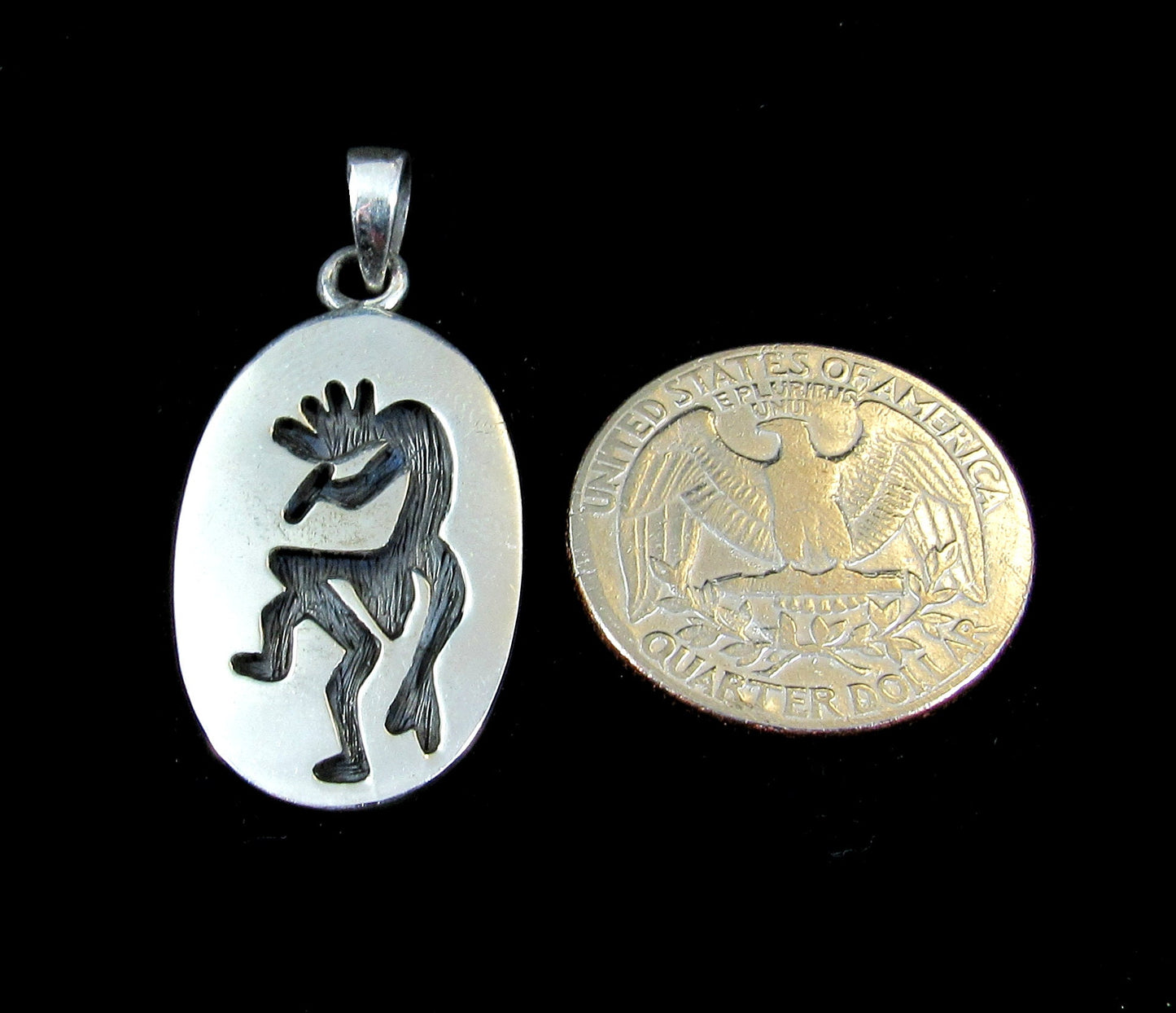 Handcrafted Solid 925 Sterling Silver Kokopelli Magical Mirth Oval Pendant Medallion, Southwestern Jewelry