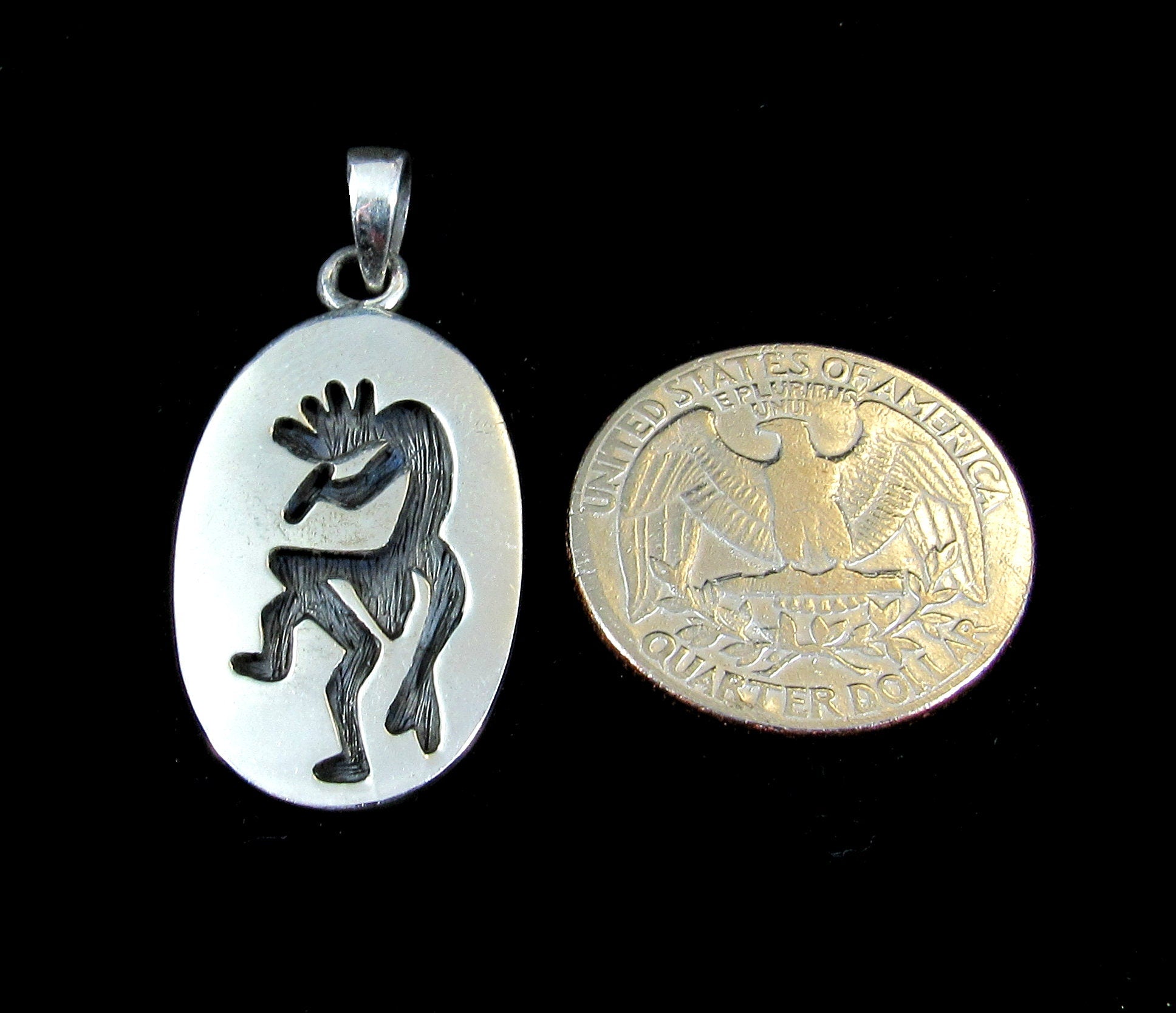 Handcrafted Solid 925 Sterling Silver Kokopelli Magical Mirth Oval Pendant Medallion, Southwestern Jewelry