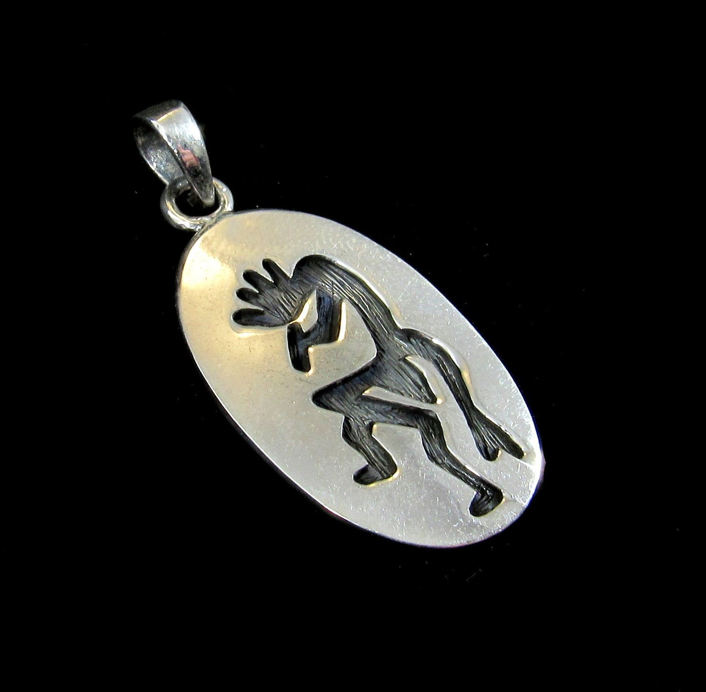 Handcrafted Solid 925 Sterling Silver Kokopelli Magical Mirth Oval Pendant Medallion, Southwestern Jewelry