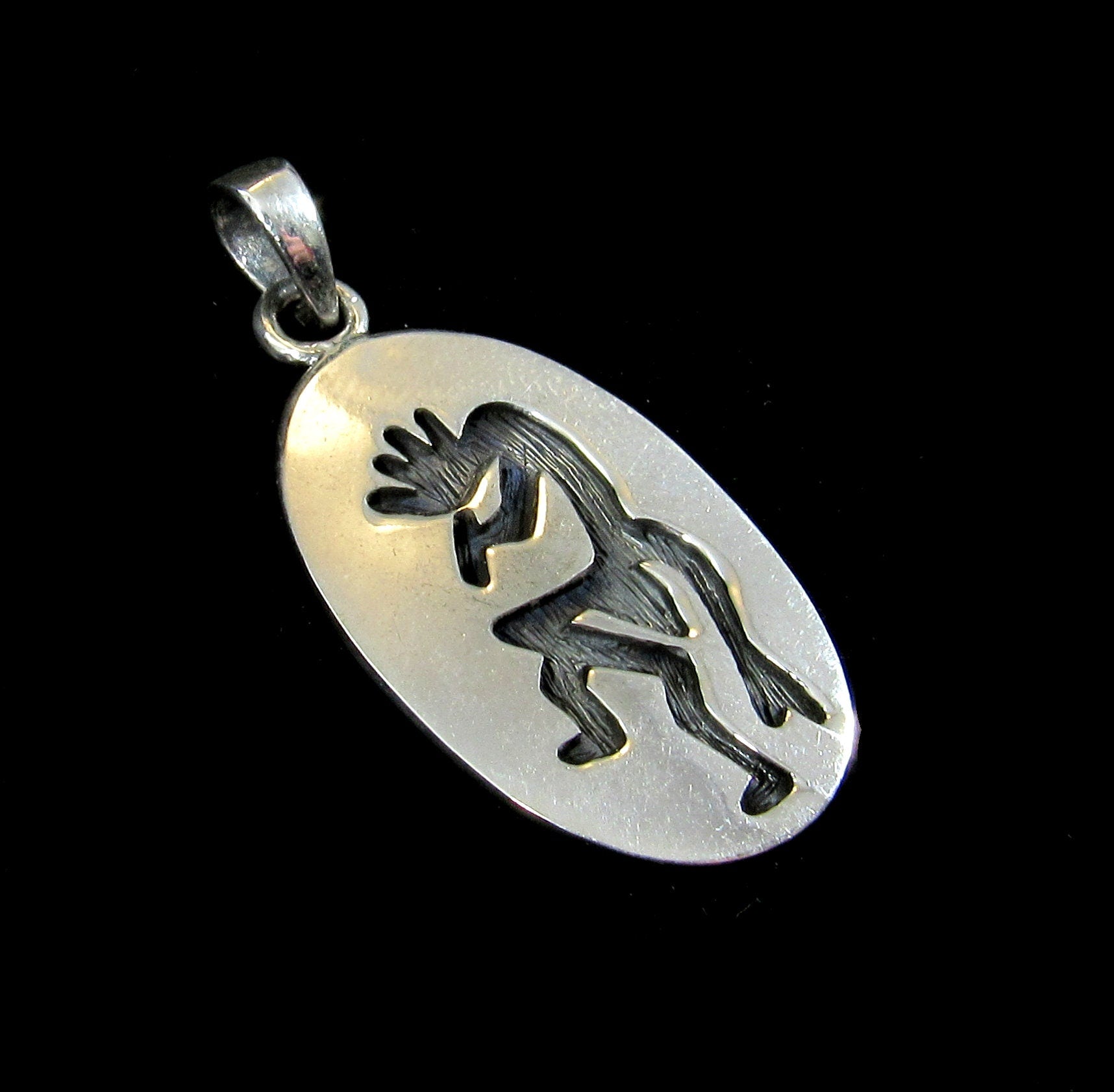 Handcrafted Solid 925 Sterling Silver Kokopelli Magical Mirth Oval Pendant Medallion, Southwestern Jewelry