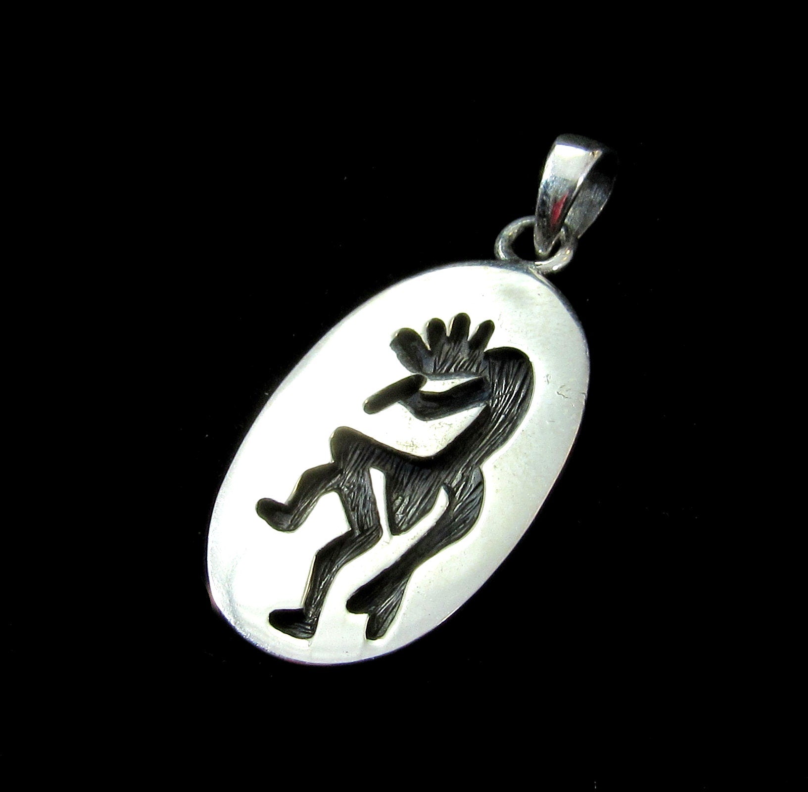 Handcrafted Solid 925 Sterling Silver Kokopelli Magical Mirth Oval Pendant Medallion, Southwestern Jewelry