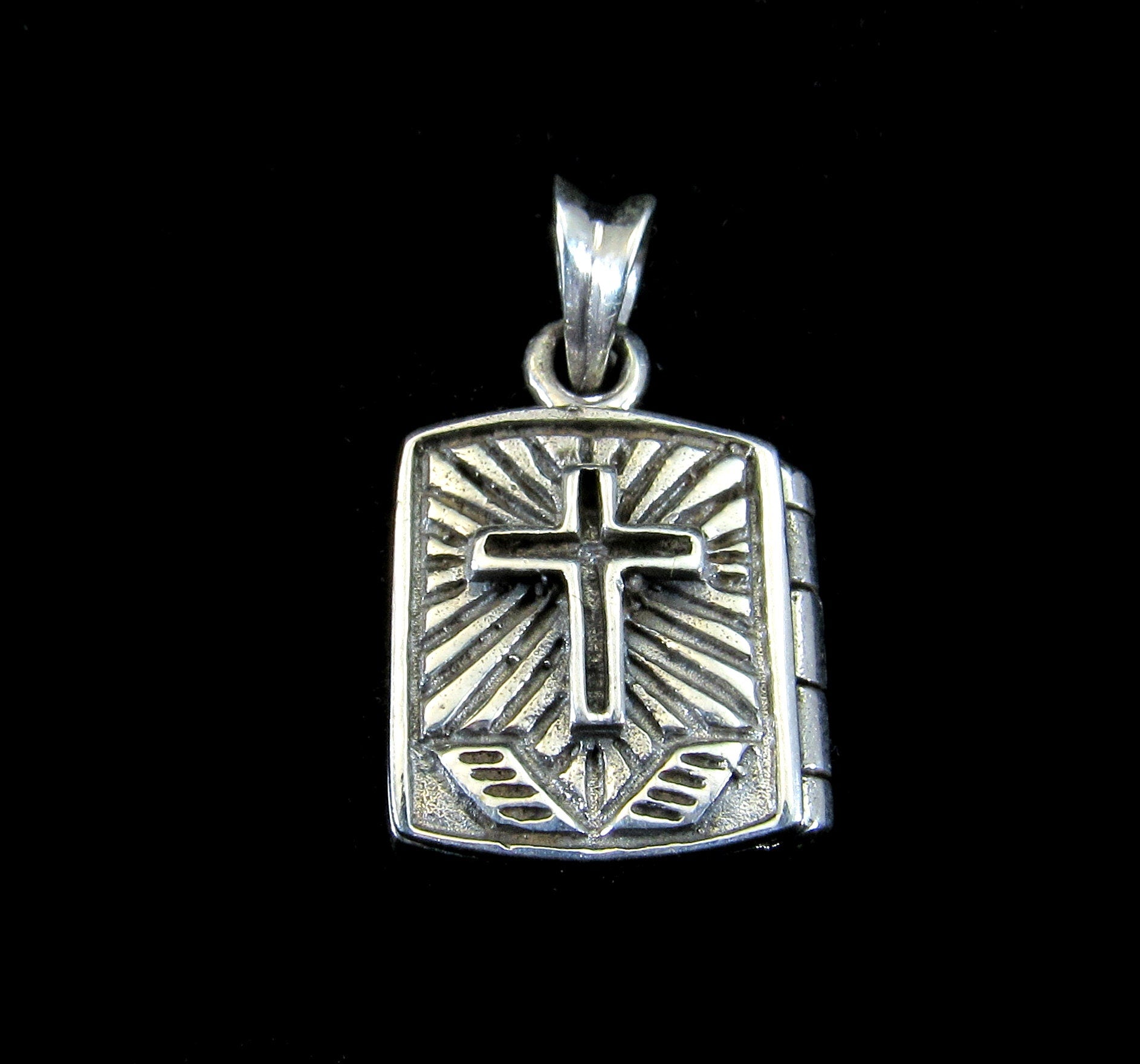 Handcrafted Solid 925 Sterling Silver 3D 3 Dimensional Hinged Holy Bible & Cross Locket Pendant, Opens to Reveal Secret Compartment