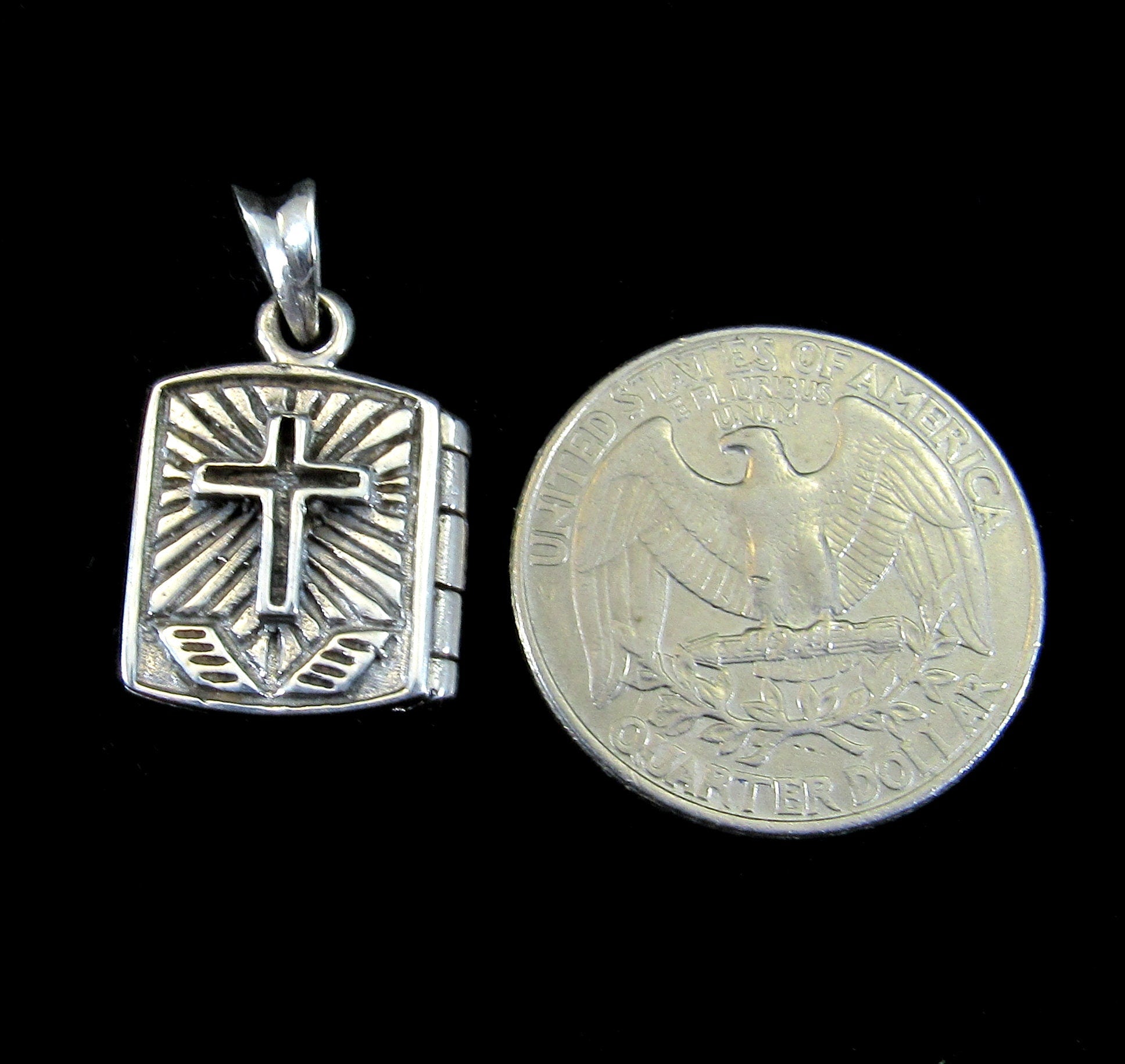 Handcrafted Solid 925 Sterling Silver 3D 3 Dimensional Hinged Holy Bible & Cross Locket Pendant, Opens to Reveal Secret Compartment