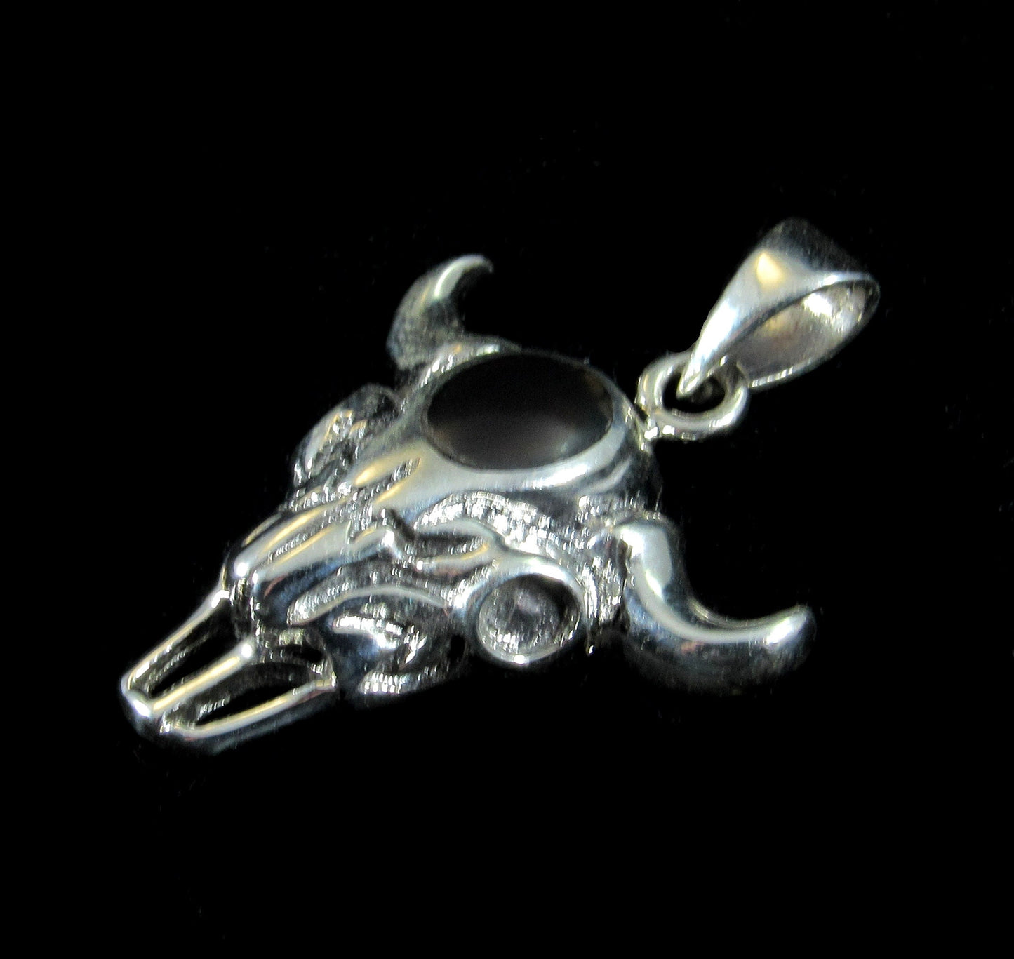Handcrafted Solid 925 Sterling Silver Bull Skull Skeleton Pendant With Black Onyx Cabochon Gemstone, Bone Magick, Animal Magic