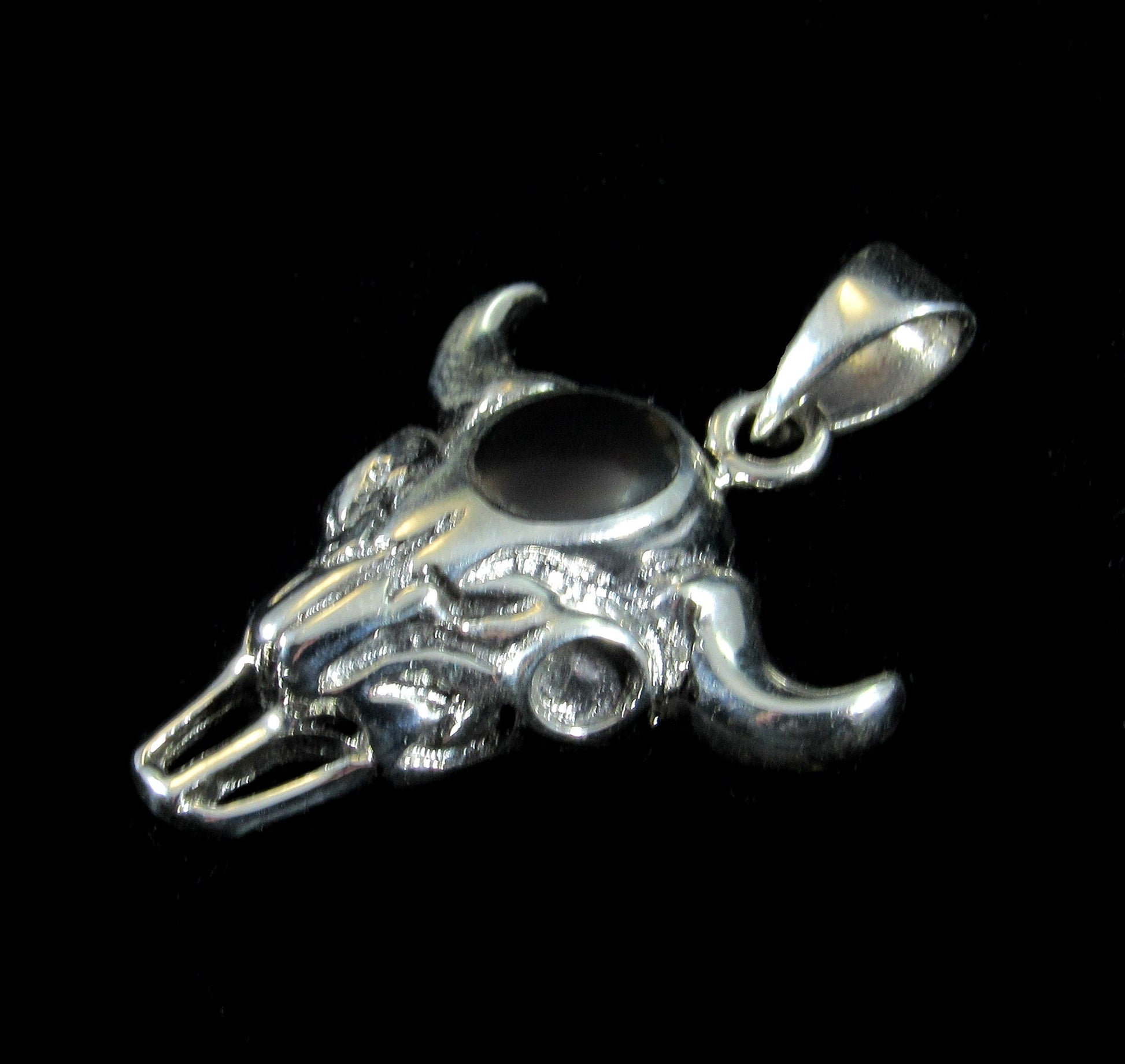 Handcrafted Solid 925 Sterling Silver Bull Skull Skeleton Pendant With Black Onyx Cabochon Gemstone, Bone Magick, Animal Magic