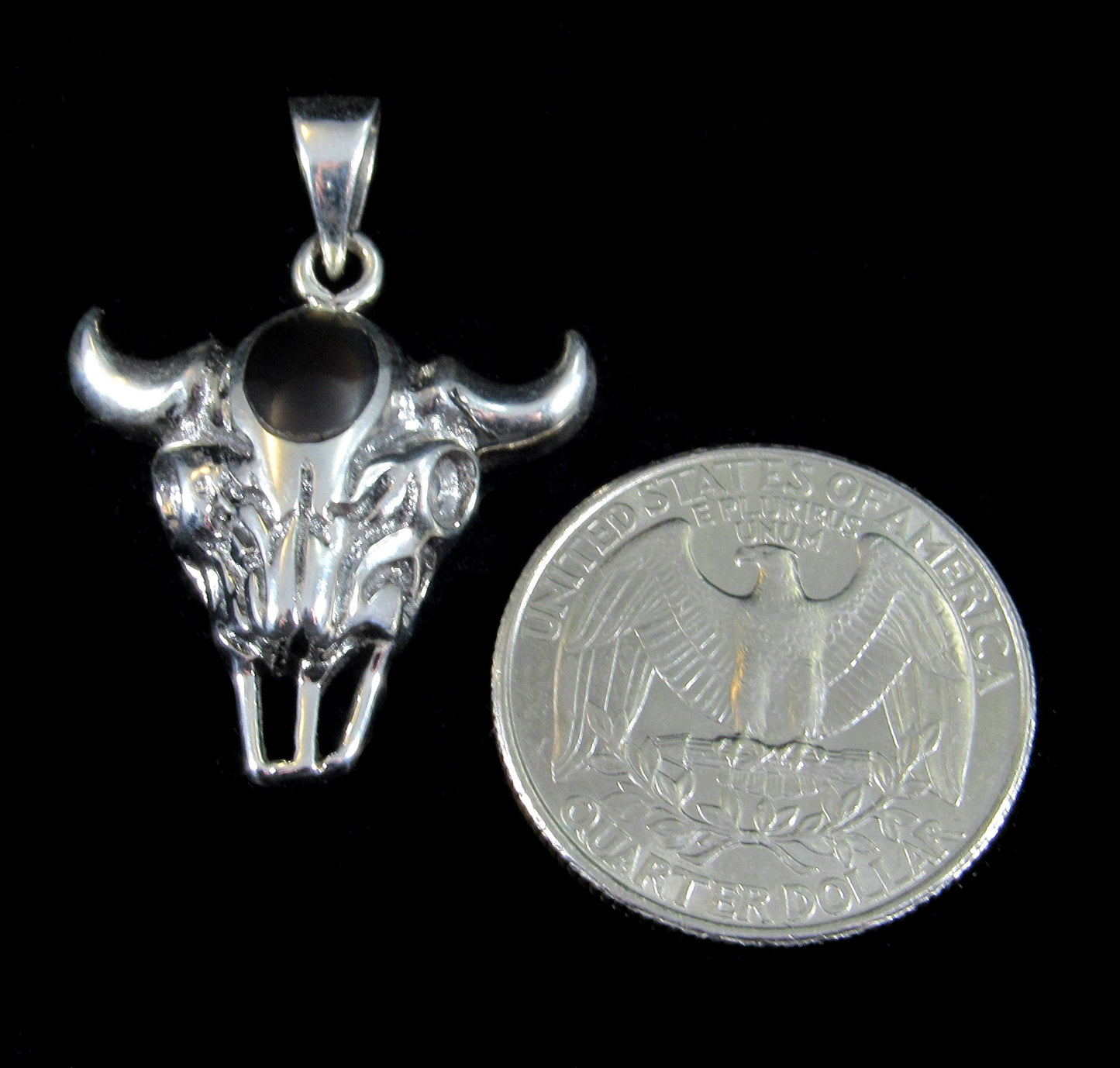 Handcrafted Solid 925 Sterling Silver Bull Skull Skeleton Pendant With Black Onyx Cabochon Gemstone, Bone Magick, Animal Magic