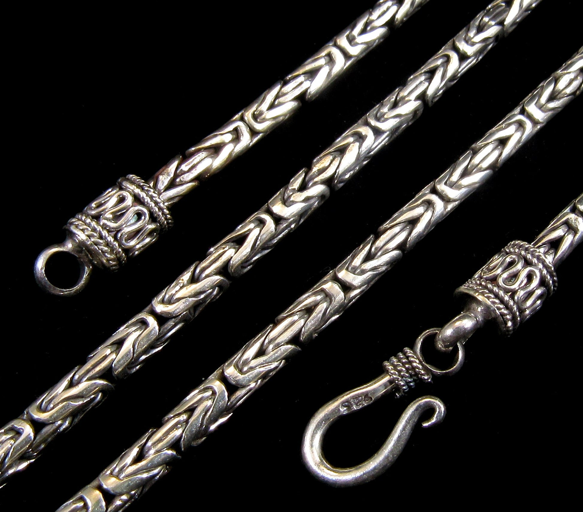 Handmade 3mm Solid 925 Sterling Silver Balinese BYZANTINE Borobudur Link Chain Necklace Bracelet: 8 9 10 16 18 20 22 24 26 28 or 30 Inches"