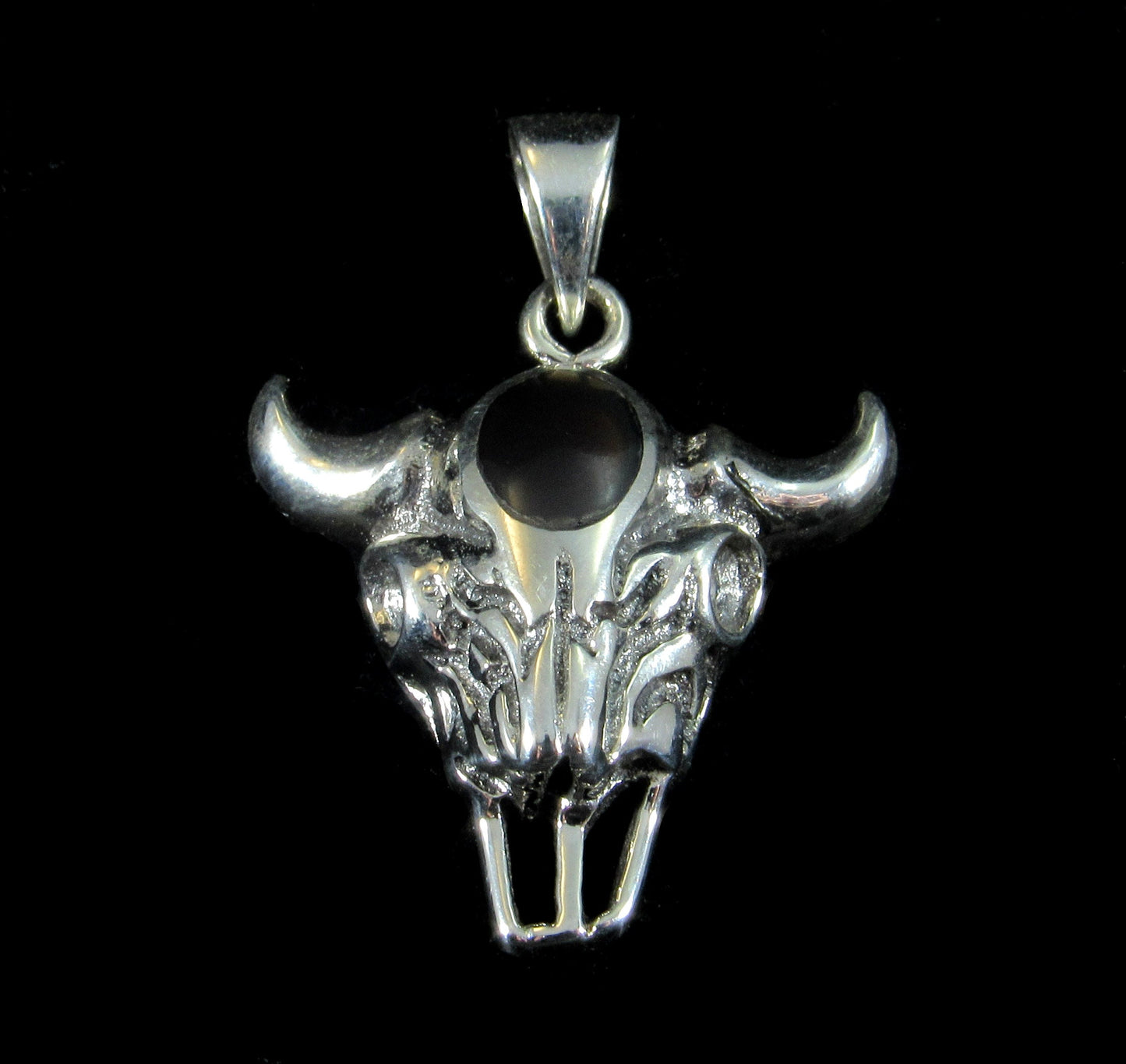 Handcrafted Solid 925 Sterling Silver Bull Skull Skeleton Pendant With Black Onyx Cabochon Gemstone, Bone Magick, Animal Magic