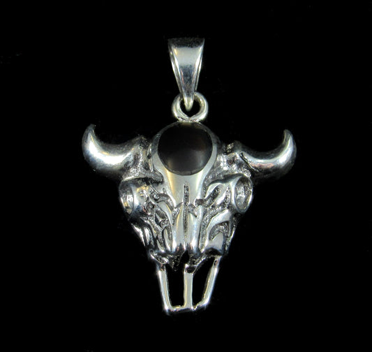 Handcrafted Solid 925 Sterling Silver Bull Skull Skeleton Pendant With Black Onyx Cabochon Gemstone, Bone Magick, Animal Magic