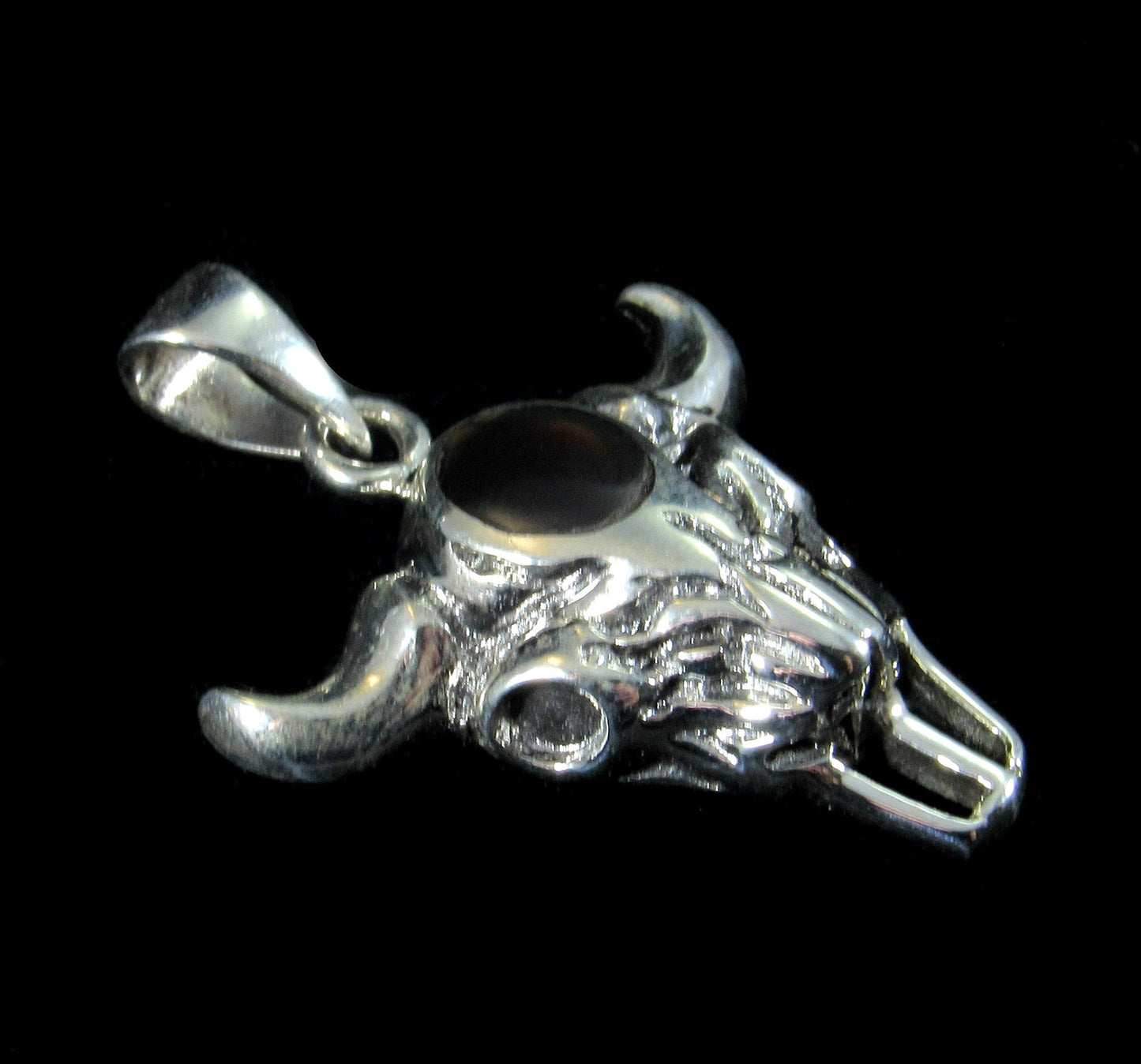 Handcrafted Solid 925 Sterling Silver Bull Skull Skeleton Pendant With Black Onyx Cabochon Gemstone, Bone Magick, Animal Magic