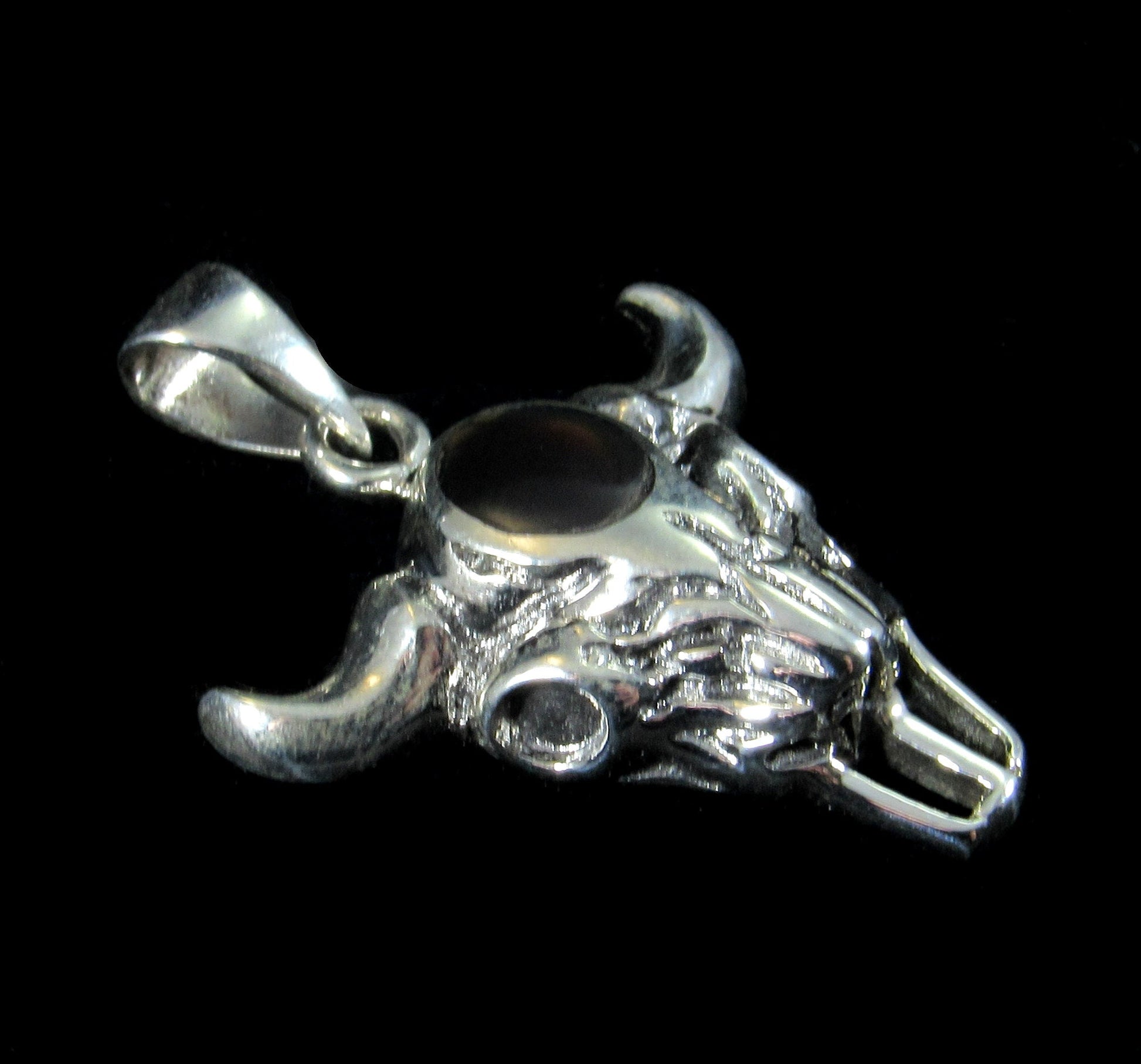 Handcrafted Solid 925 Sterling Silver Bull Skull Skeleton Pendant With Black Onyx Cabochon Gemstone, Bone Magick, Animal Magic