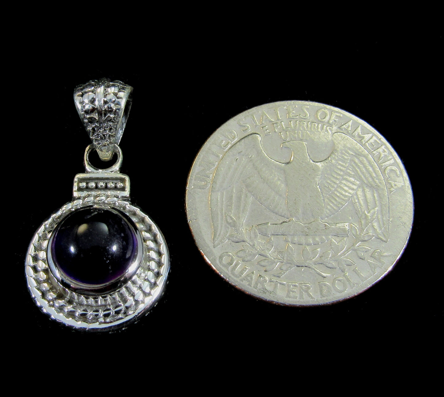 Handcrafted Solid 925 Sterling Silver Braided Wreath Round Genuine Amethyst Cabochon Gemstone Pendant