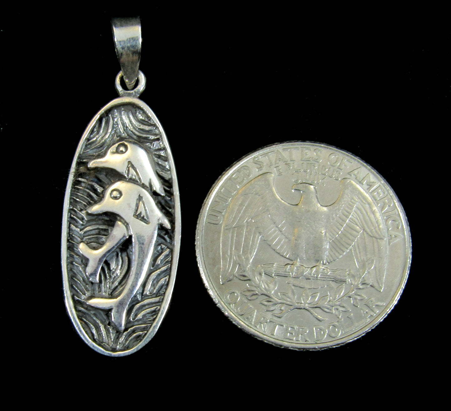 Handcrafted Solid 925 Sterling Silver Diving Pair of Dolphins into the Sea Ocean Scene Pendant