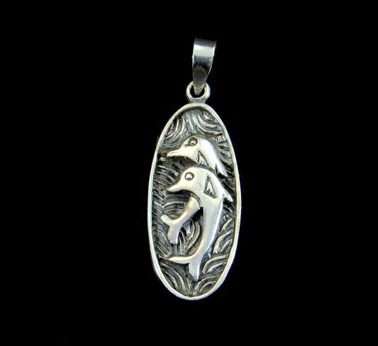 Handcrafted Solid 925 Sterling Silver Diving Pair of Dolphins into the Sea Ocean Scene Pendant