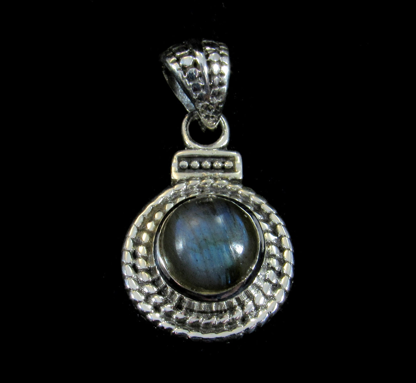 Handcrafted Genuine Round Labradorite Cabochon Set in Solid 925 Sterling Silver Pendant With Ornate Rope Wreath