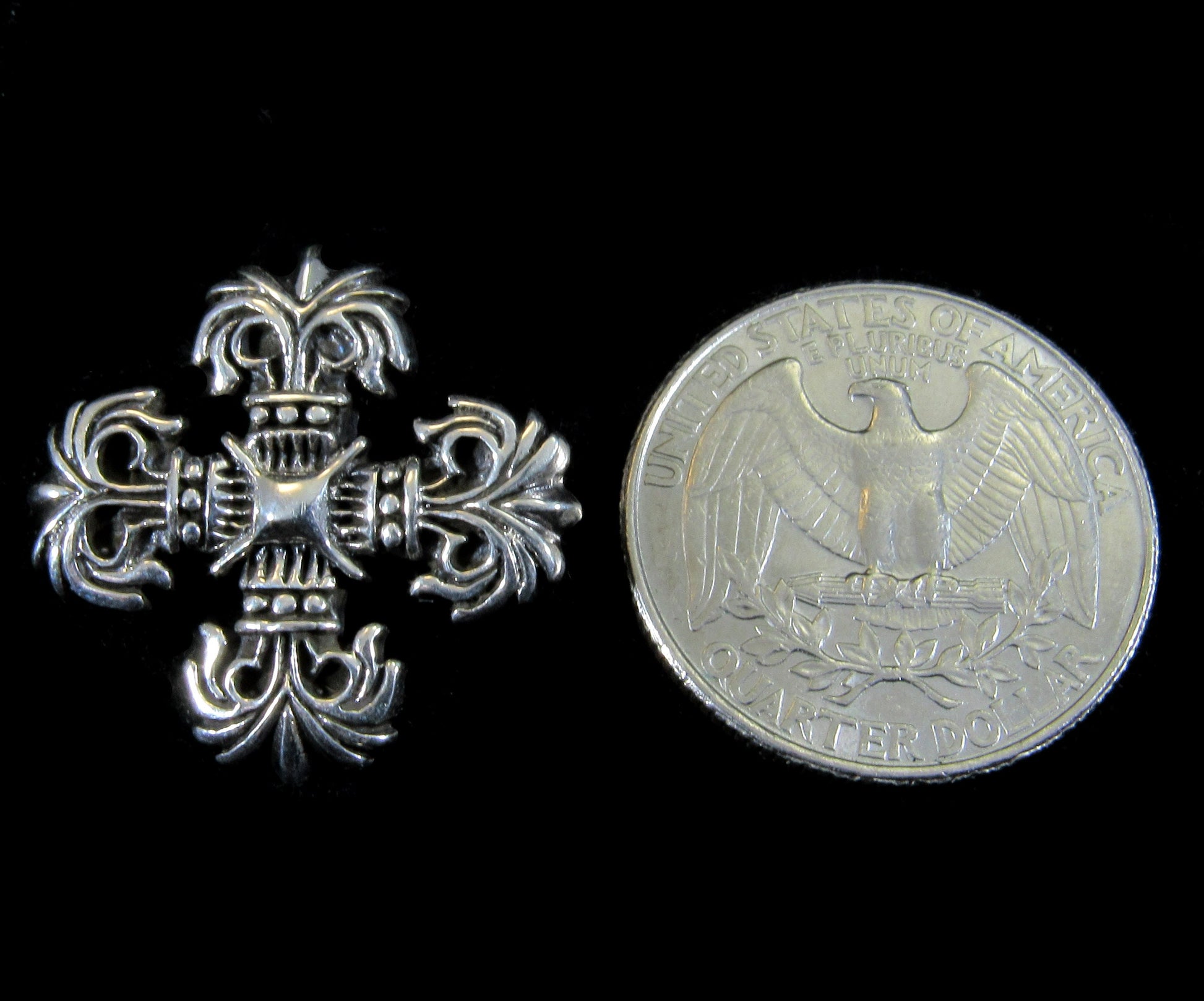 Solid 925 Sterling Silver Square Filigree Cross Pendant, Handcrafted Coat of Arms Motif, Quadskelion Slide Pendant, Medieval Jewelry