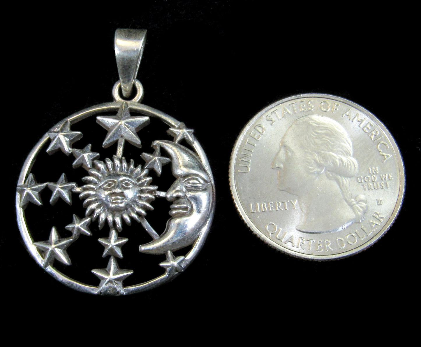 Handcrafted Solid 925 Sterling Silver Waxing Crescent Moon, Sun, and 12 Stars Pendant Celestial Amulet