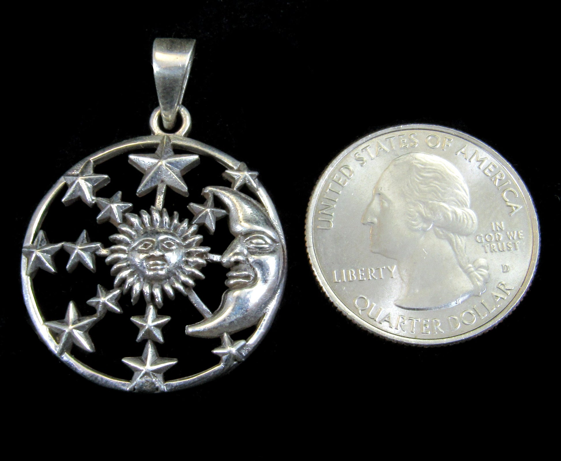 Handcrafted Solid 925 Sterling Silver Waxing Crescent Moon, Sun, and 12 Stars Pendant Celestial Amulet