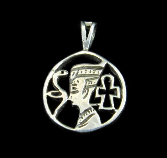 Solid 925 Sterling Silver Bust of Nefertiti, Handcrafted Egyptian Pendant with Ankh & Snake Symbols