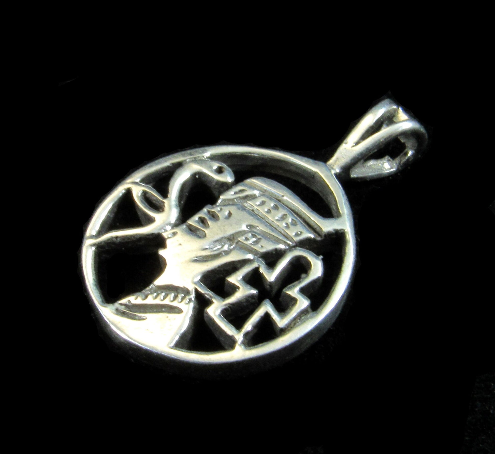 Solid 925 Sterling Silver Bust of Nefertiti, Handcrafted Egyptian Pendant with Ankh & Snake Symbols