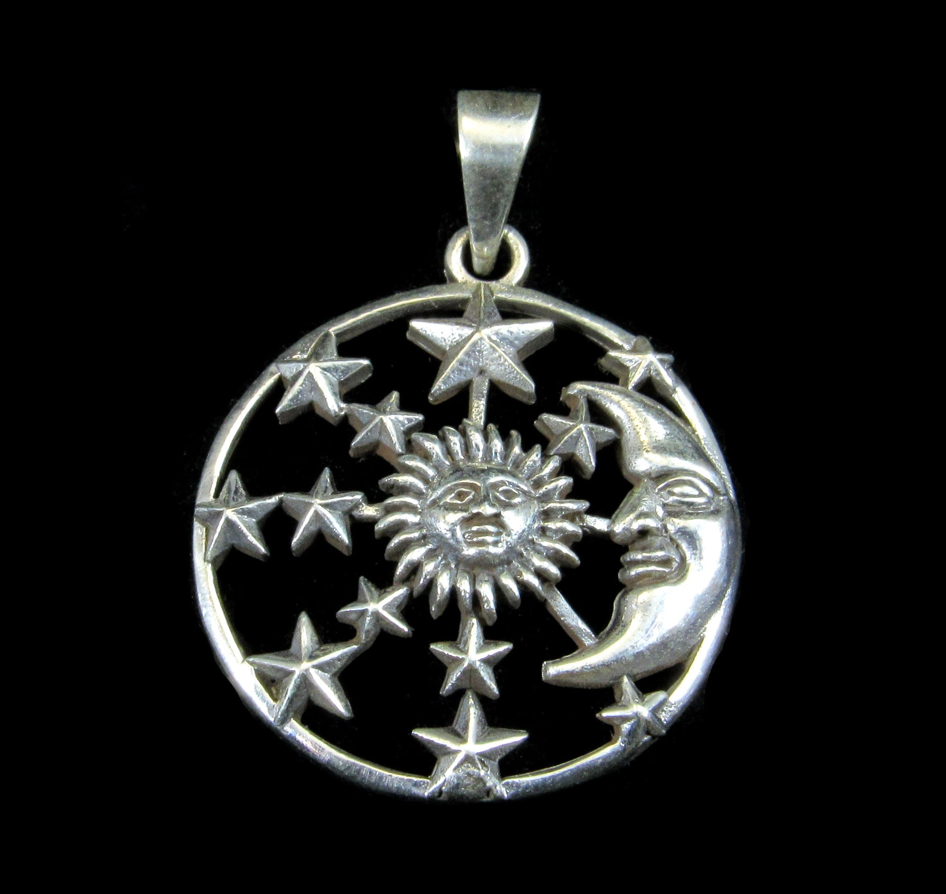 Handcrafted Solid 925 Sterling Silver Waxing Crescent Moon, Sun, and 12 Stars Pendant Celestial Amulet