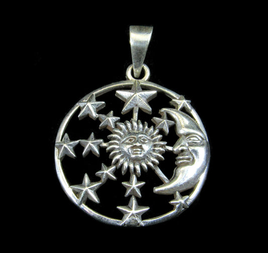 Handcrafted Solid 925 Sterling Silver Waxing Crescent Moon, Sun, and 12 Stars Pendant Celestial Amulet