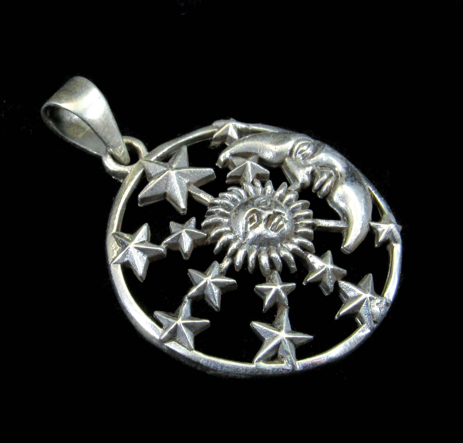 Handcrafted Solid 925 Sterling Silver Waxing Crescent Moon, Sun, and 12 Stars Pendant Celestial Amulet