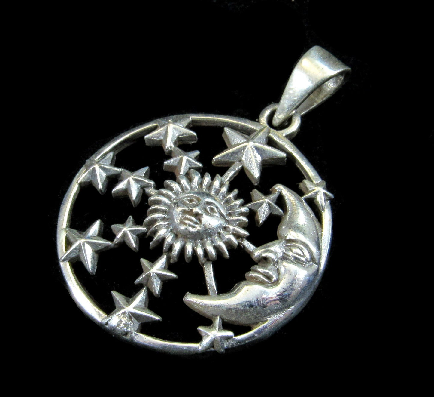Handcrafted Solid 925 Sterling Silver Waxing Crescent Moon, Sun, and 12 Stars Pendant Celestial Amulet