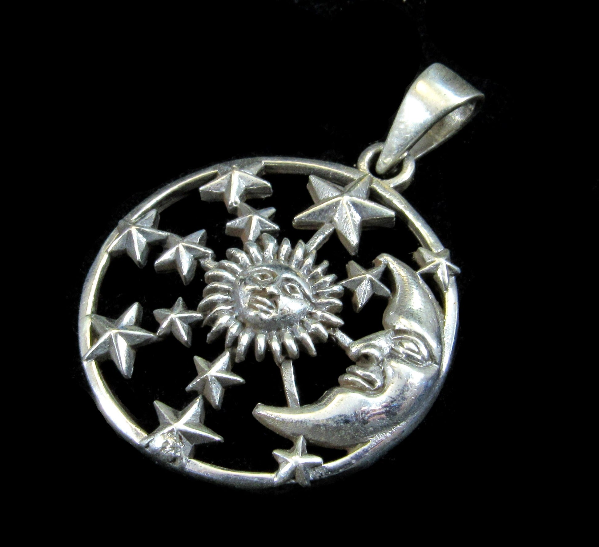 Handcrafted Solid 925 Sterling Silver Waxing Crescent Moon, Sun, and 12 Stars Pendant Celestial Amulet