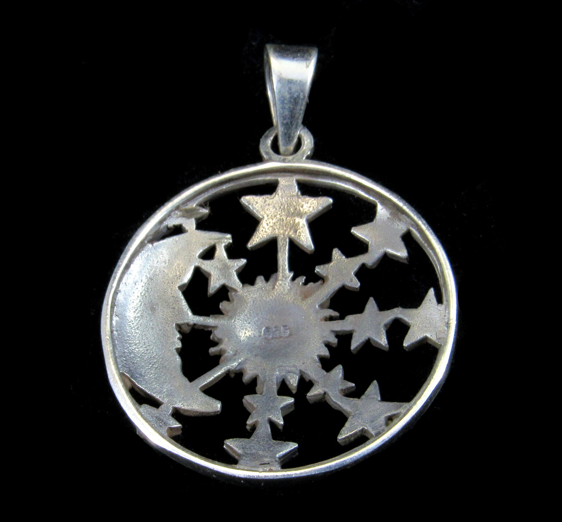 Handcrafted Solid 925 Sterling Silver Waxing Crescent Moon, Sun, and 12 Stars Pendant Celestial Amulet
