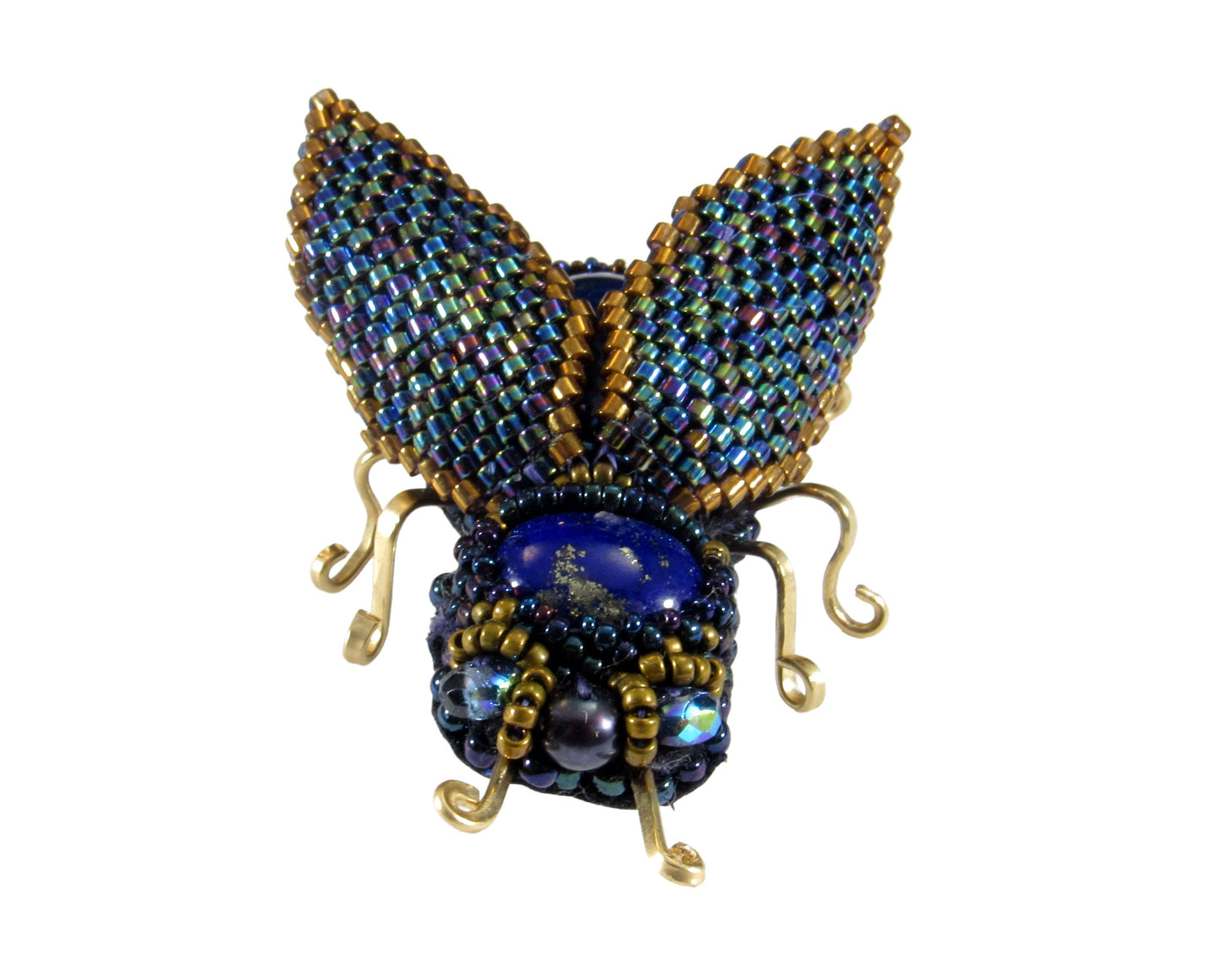 Handmade Beaded Beetle Brooch Pin With Lapis Lazuli, Gold-filled Wire, Leather, and Miyuki Glass Seed Beads & Czech Charlottes